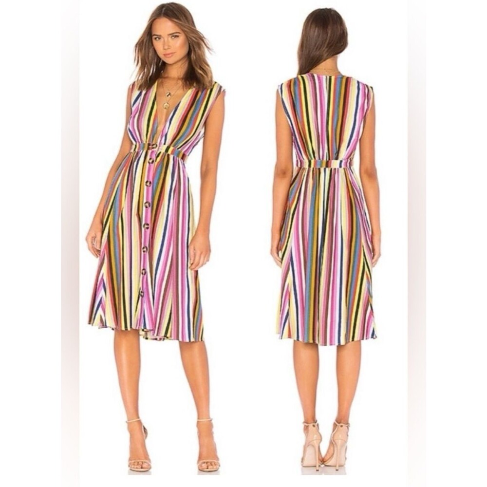 LPA Shirred Button Up Dress in Rainbow Stripe S Linen Blend Sleeveless Midi Boho